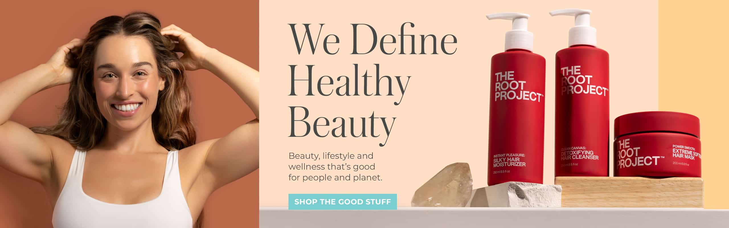 Beauty Heroes: We Define Healthy Beauty | The Root Project | Group image of red bottles with white pumps on shelf on peach background