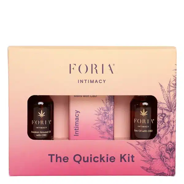 Foria intimacy quicki kits includes Awaken Arousal Oil with CBD, Sex Oil with CBD, and 2 Intimacy Suppositories with CBD