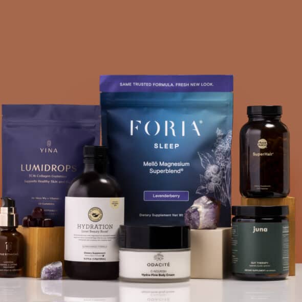 Best products for GLP-1 support, including Foria sleep, YINA lumidrops, Moon Juice Super hair, Odacité hydra-firm body cream, Juna gut therapy, and True Botanicals supersea