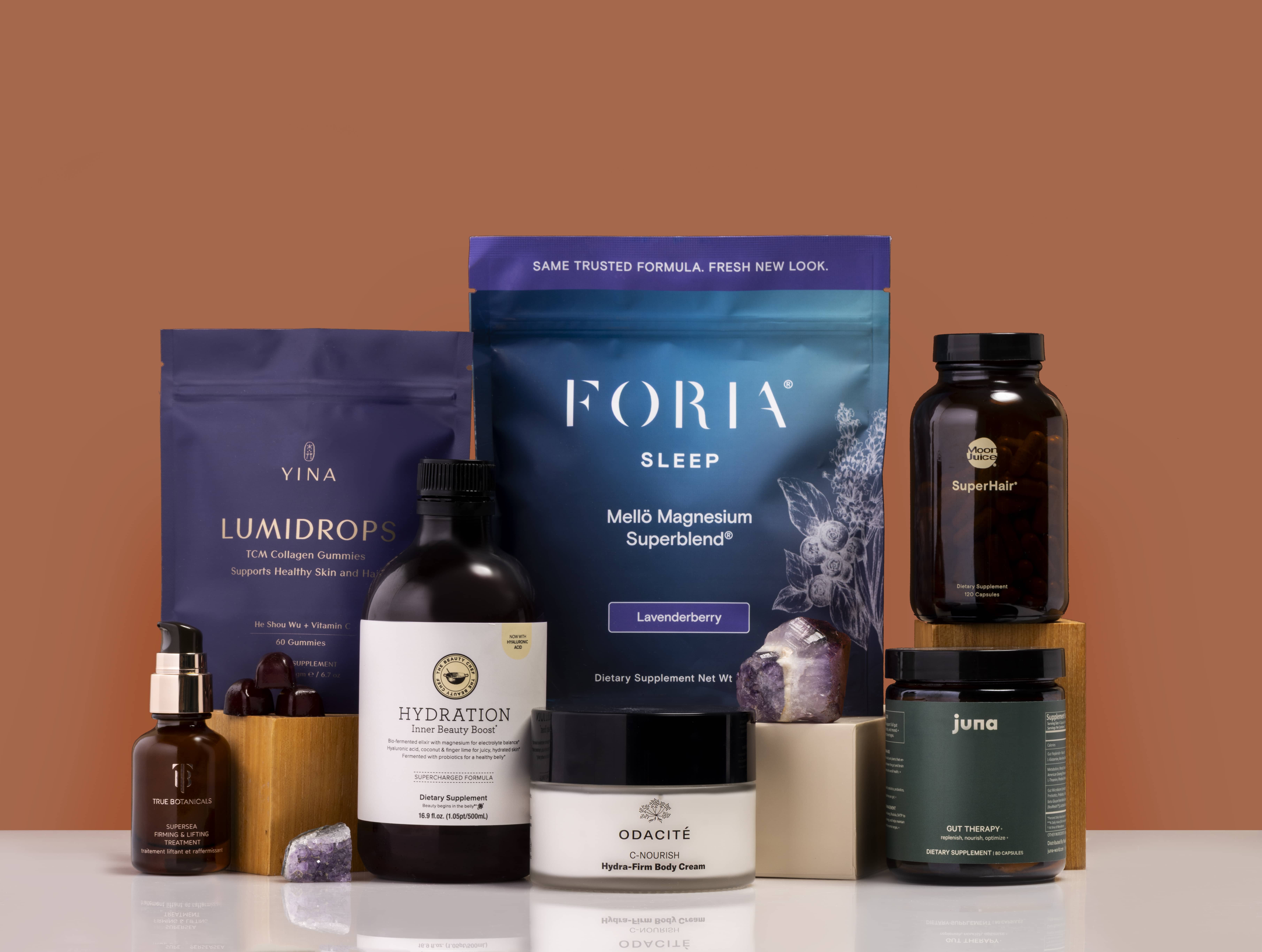 Best products for GLP-1 support, including Foria sleep, YINA lumidrops, Moon Juice Super hair, Odacité hydra-firm body cream, Juna gut therapy, and True Botanicals supersea
