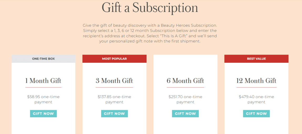 beauty heroes gift subscription plans