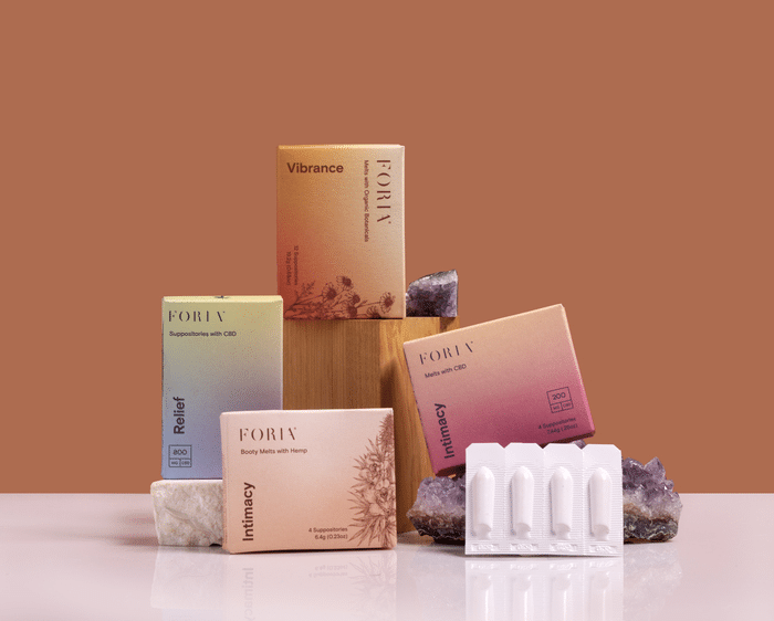 Collection of Foria melts including Intimacy with CBD, intimacty with hemp, Vibrance, and Relief