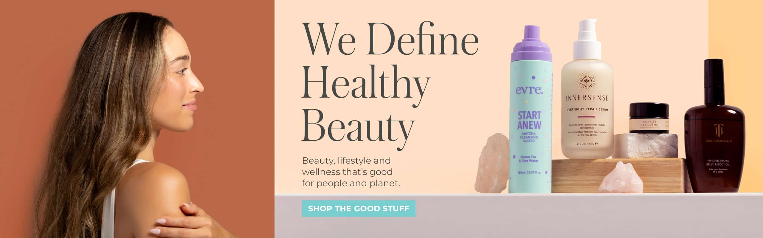 Beauty Heroes | We Define Healthy Beauty | Group image of multiple products on shelf on peach background