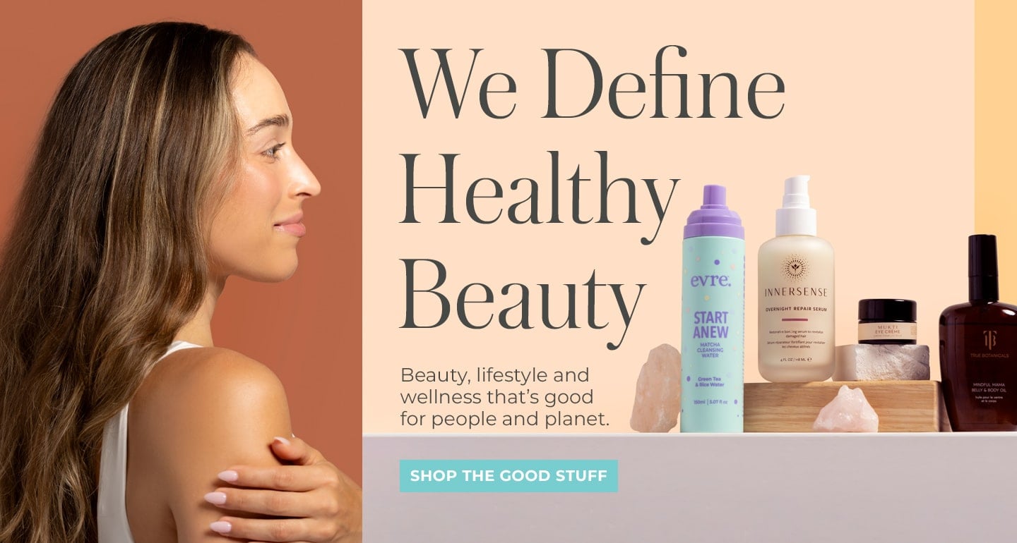 Beauty Heroes | We Define Healthy Beauty | Group image of multiple products on shelf on peach background