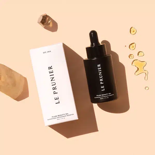 le prunier plum beauty oil, bottle and box