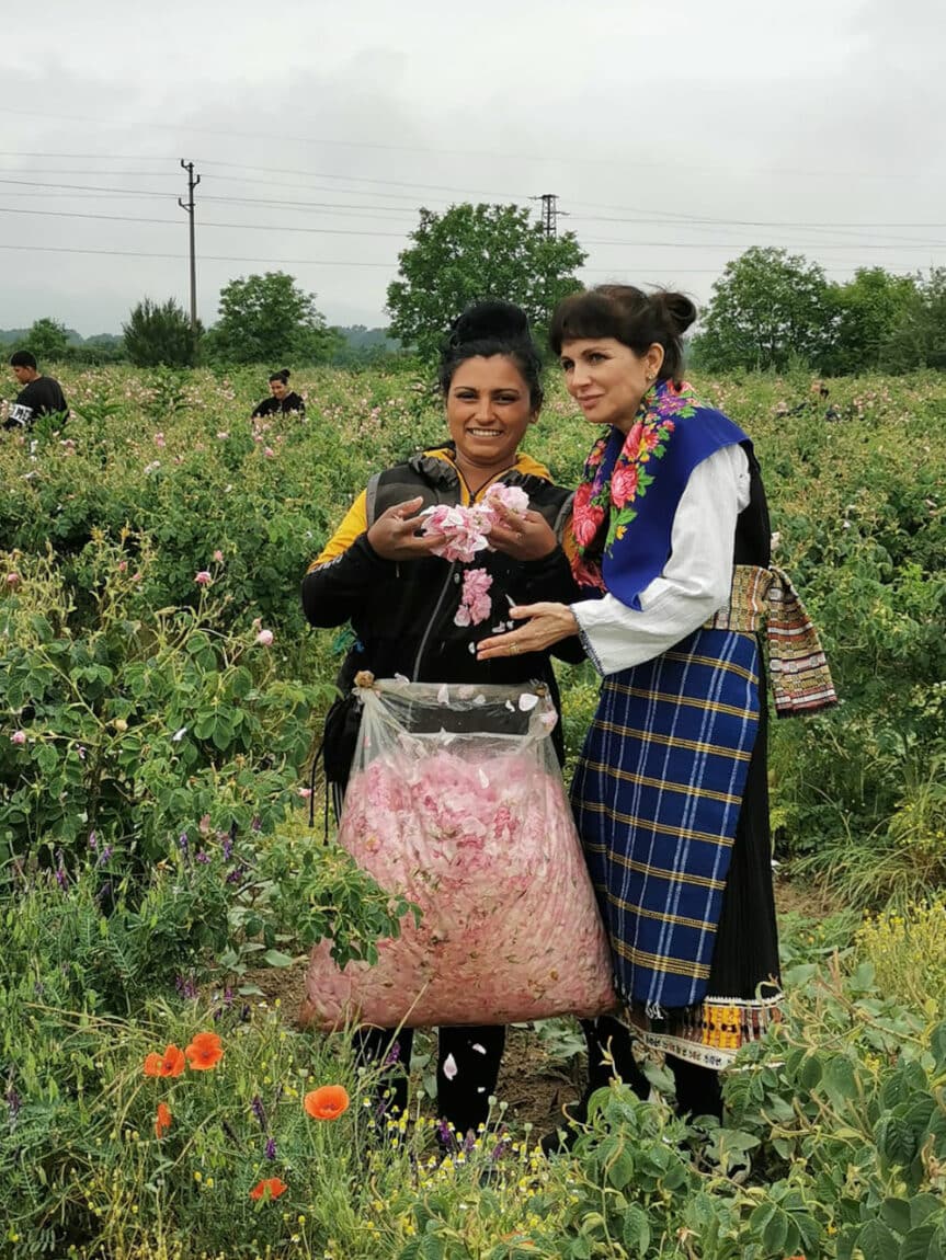 Myriam Malka and Worker with a Bag of Petals